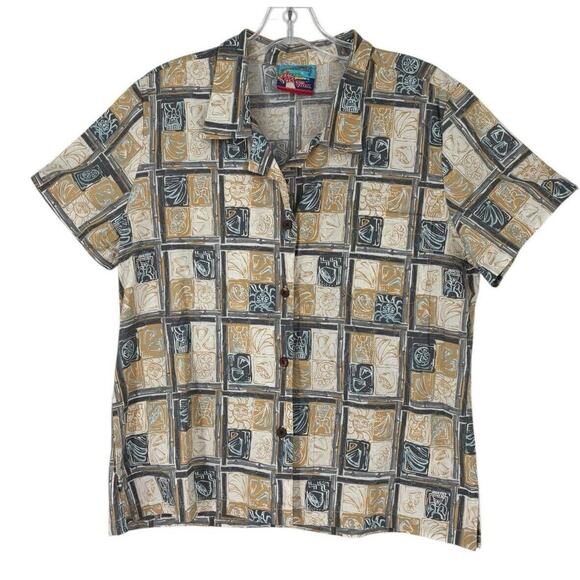 Reyn Spooner Joe Kealoha Hawaiian Button Shirt Hawaii Men Tan Fruit & Sun Large - Picture 1 of 9
